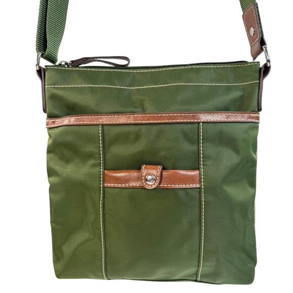 Nine West Green Nylon Crossbody Bag Brown Leather Trim Adjustable Strap - Picture 7 of 9